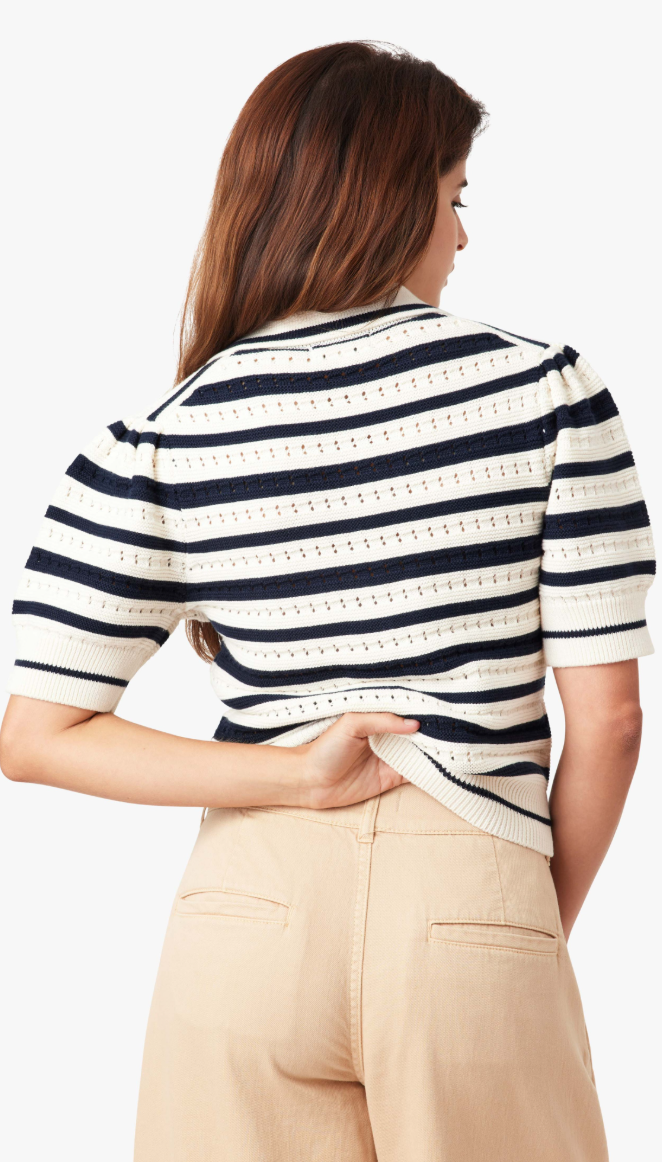 Striped Polo Sweater - Navy & Ivory V-Neck Knit Top