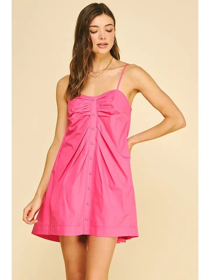 PINCH Ruched Button Down Mini Dress - Hot Pink Summer Skater Dress