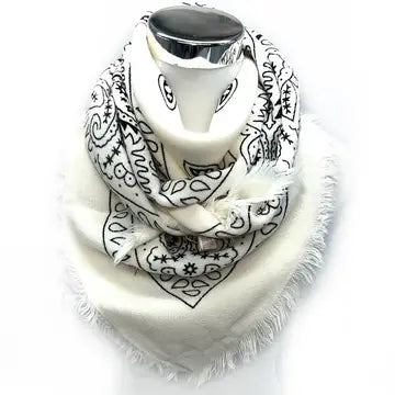 Oversized Bandana Print Square Scarf with Long Fringe