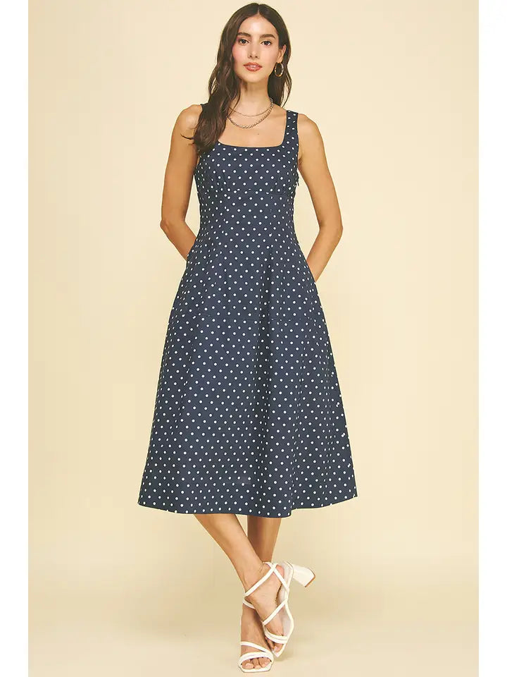 PINCH Polka Dot Flared Midi Dress - Navy & White A-Line Summer Gown