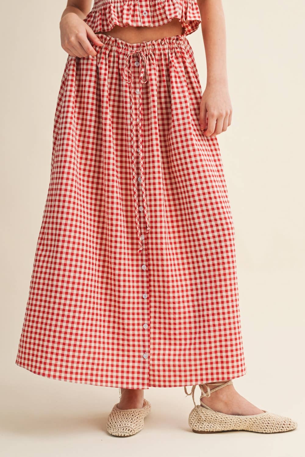 Miou Muse Gingham Button-Front Maxi Skirt - Red & White