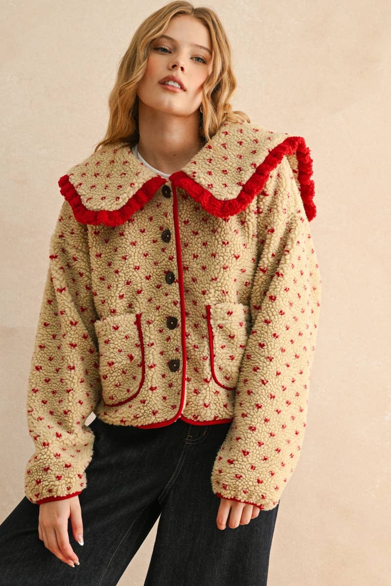 BUTTON FRONT PRINTED SHERPA WITH COLLAR JACKET