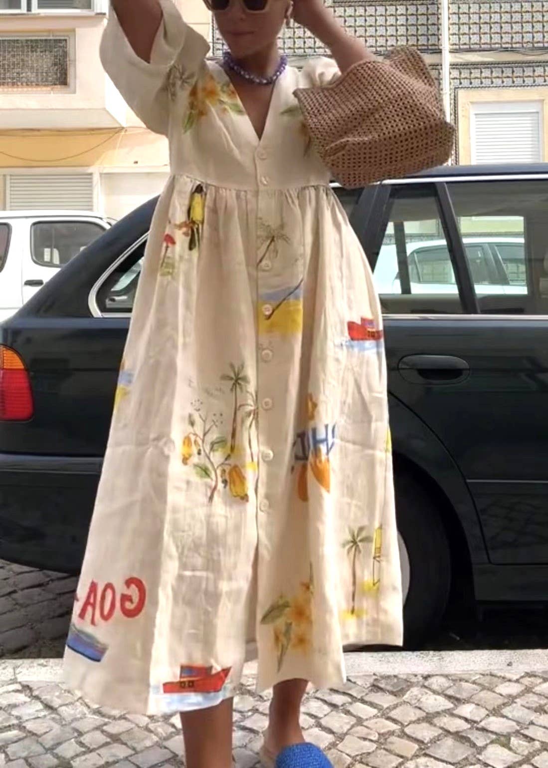 Fashion Cartoon Print V-Neck Midi Dress