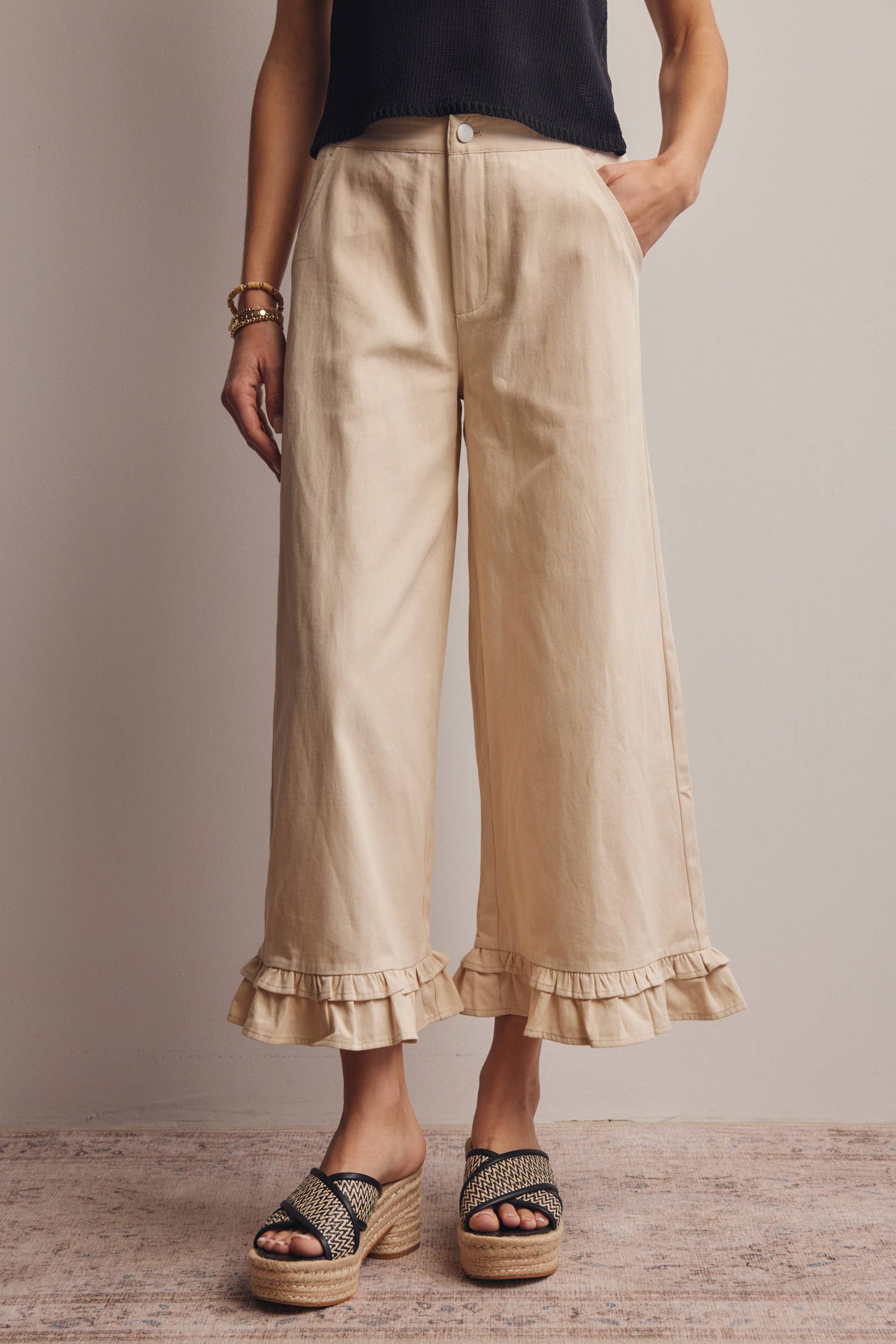 High-Waisted Wide-Leg Boho Pants with Ruffle Hem