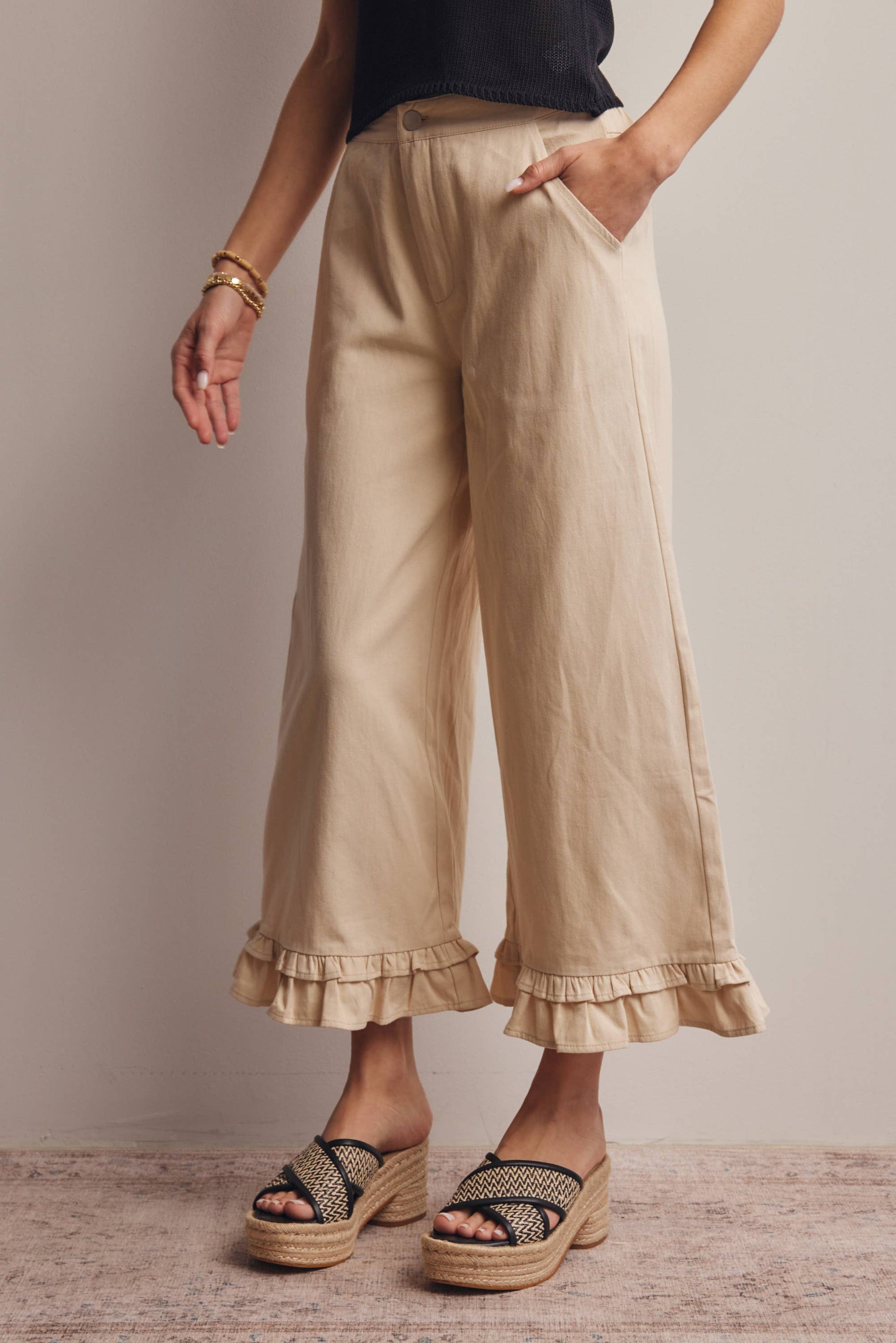 High-Waisted Wide-Leg Boho Pants with Ruffle Hem