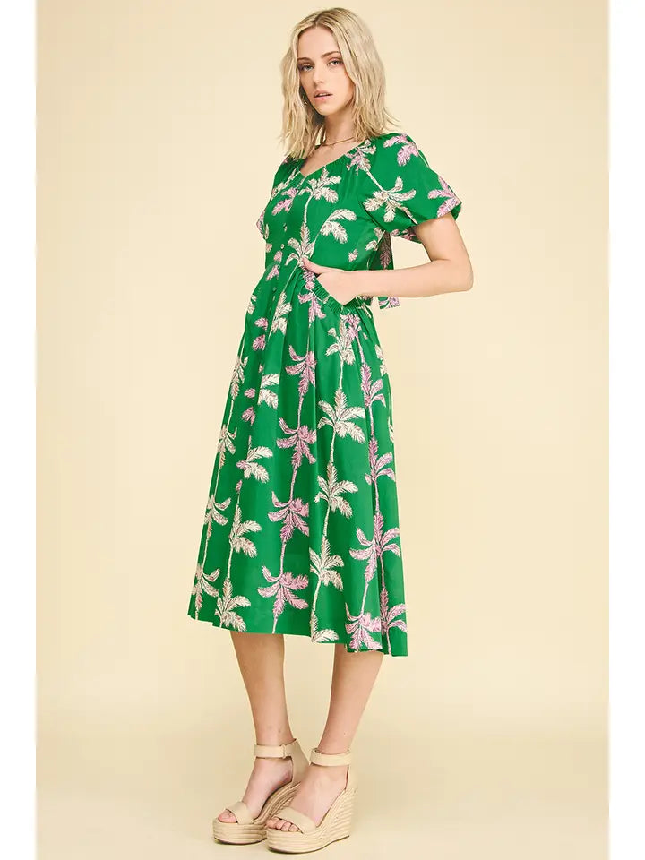 Palm Tree Print Button Down Midi Dress