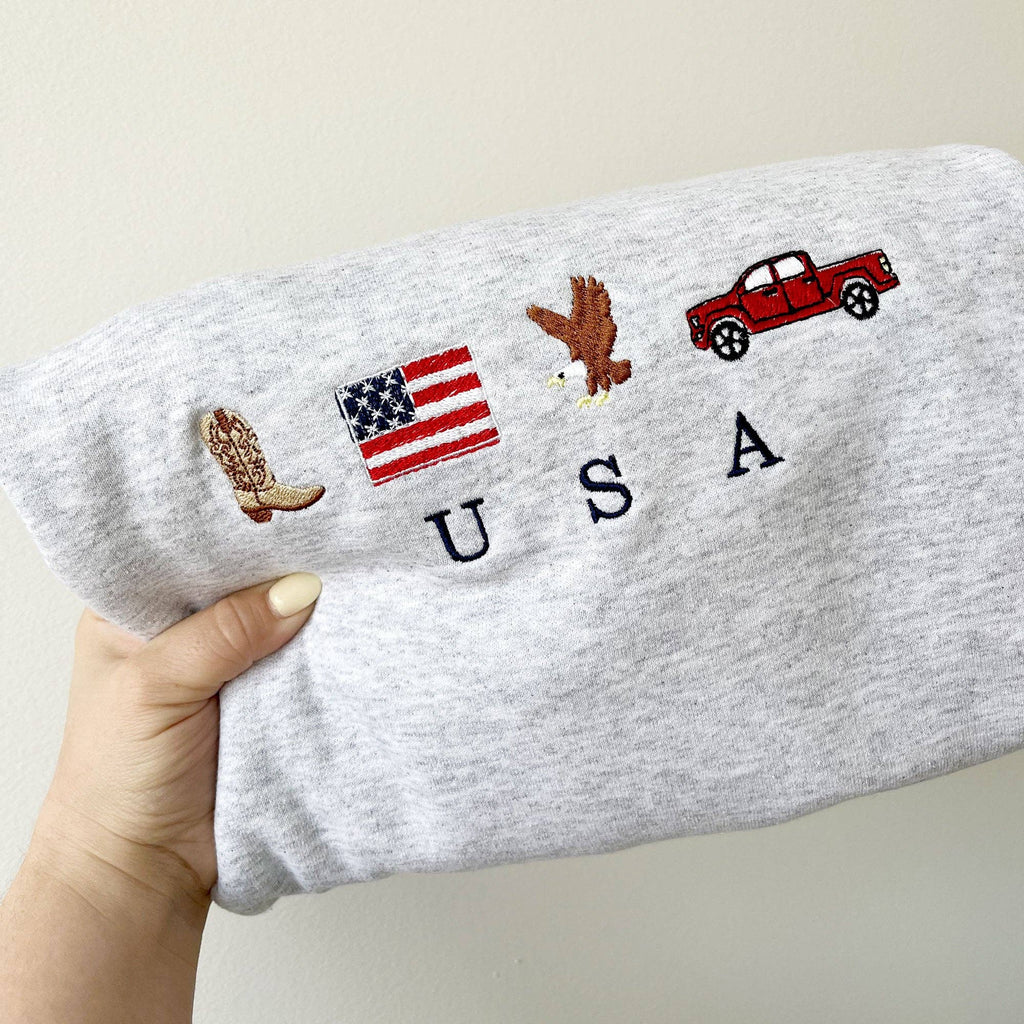 USA Embroidered Icons Crewneck Sweatshirt - Patriotic Western Pullover