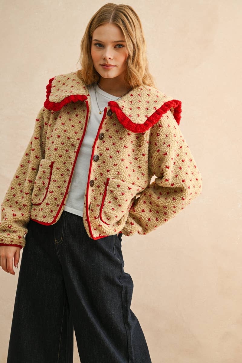 BUTTON FRONT PRINTED SHERPA WITH COLLAR JACKET