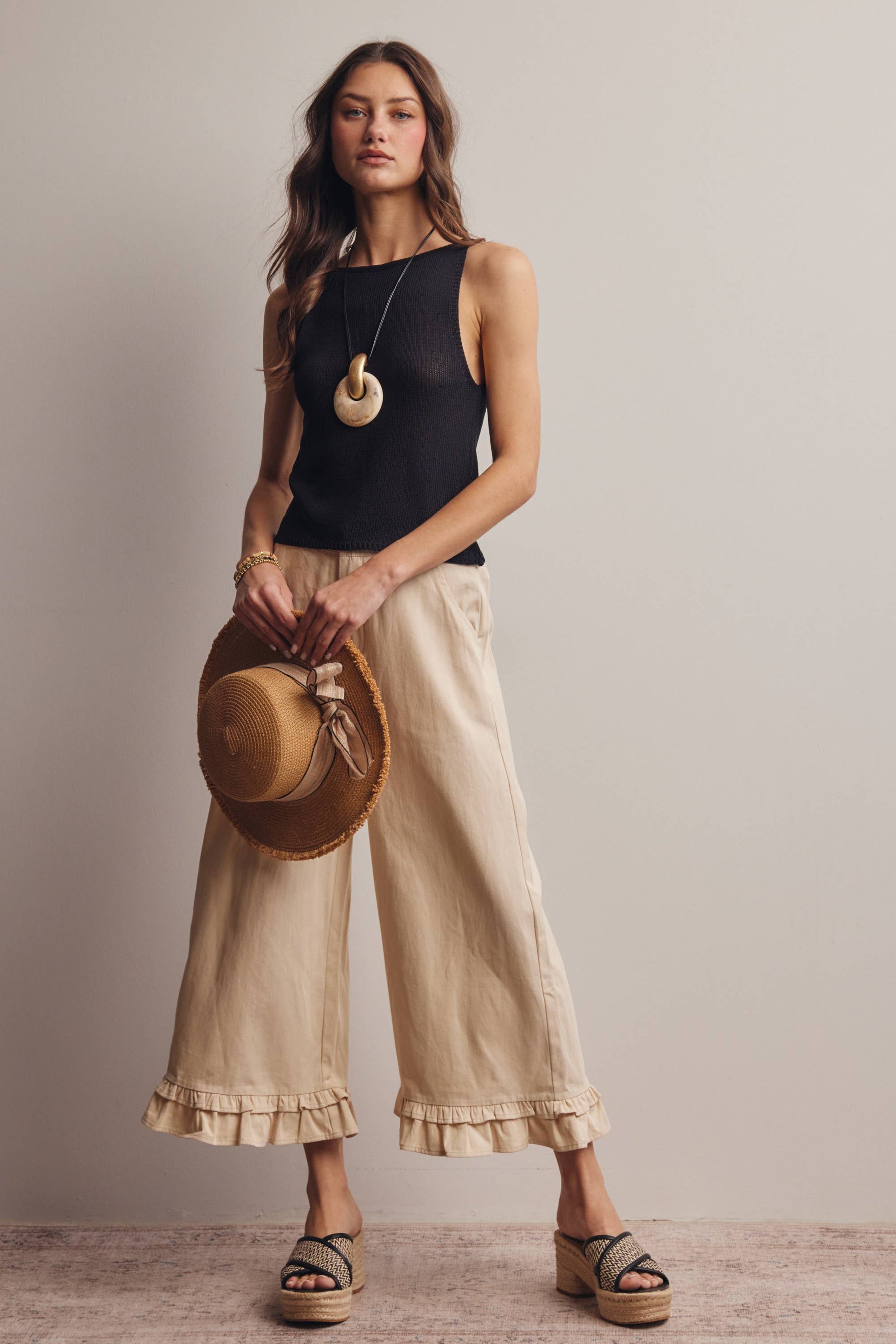 High-Waisted Wide-Leg Boho Pants with Ruffle Hem