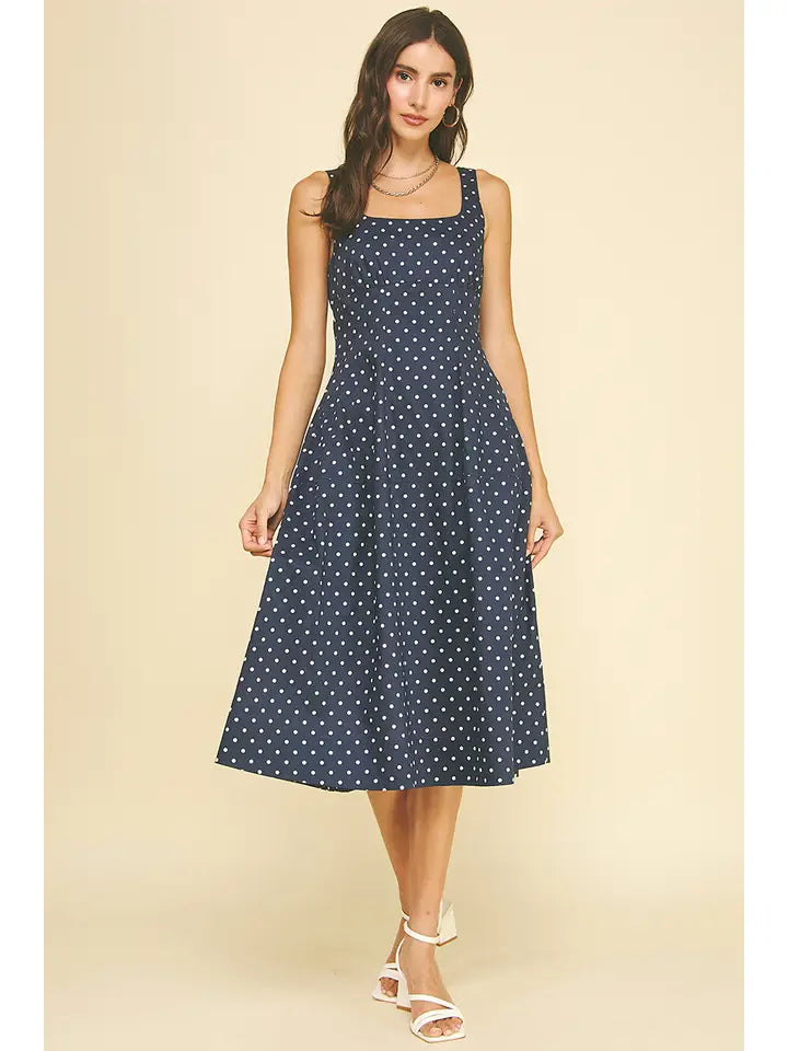 PINCH Polka Dot Flared Midi Dress - Navy & White A-Line Summer Gown