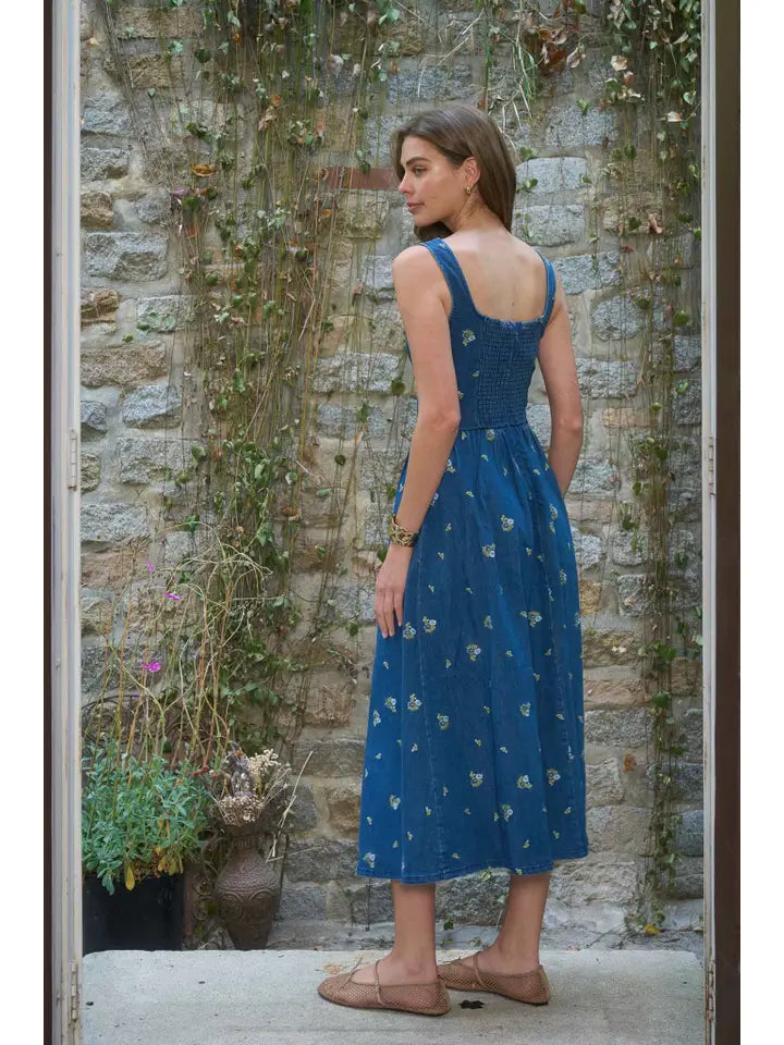 Square Neck Floral Embroidery Detail Denim Midi Dress