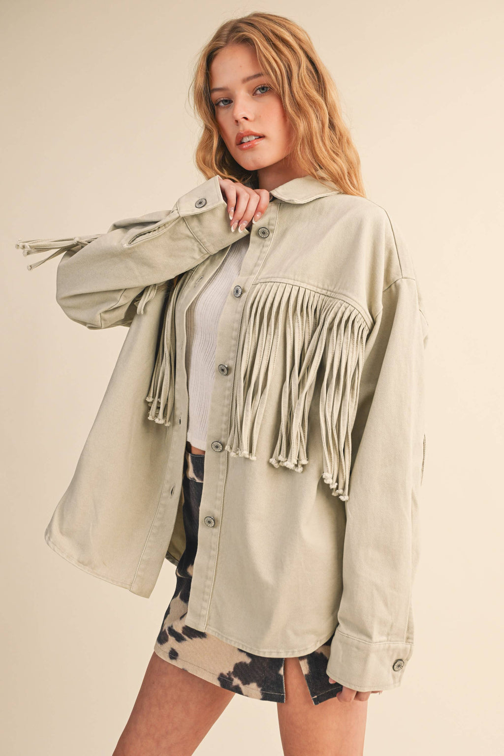 FRINGE DENIM BUTTON DOWN JACKET