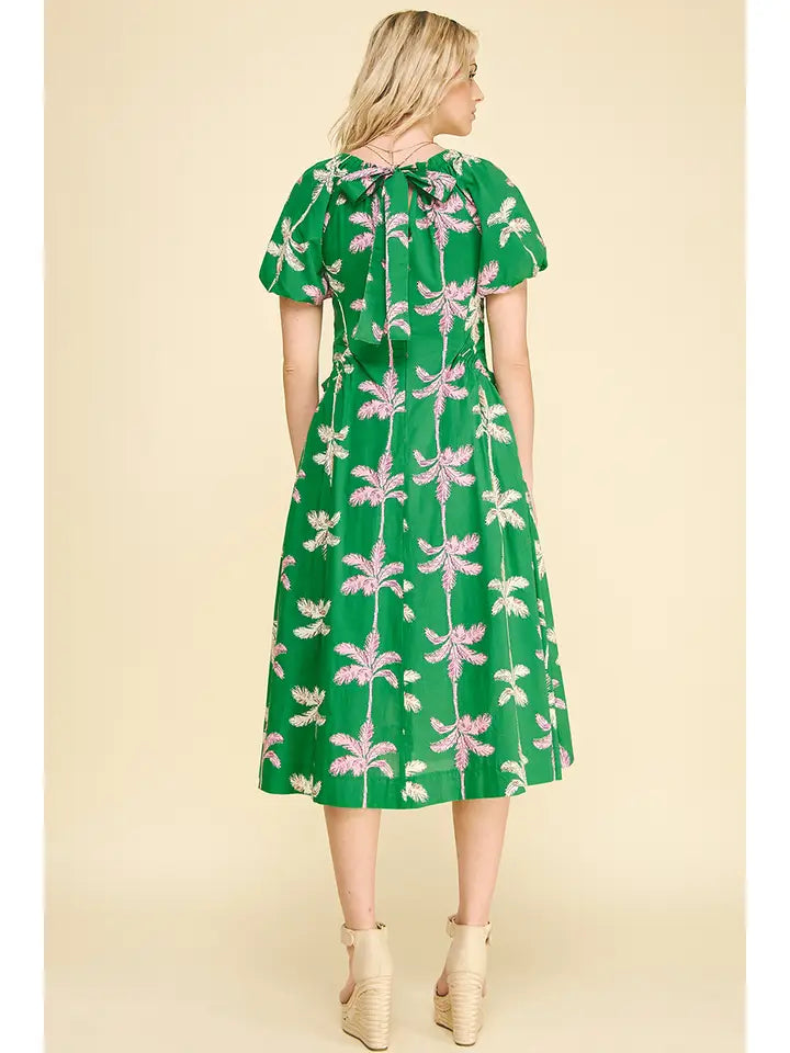 Palm Tree Print Button Down Midi Dress