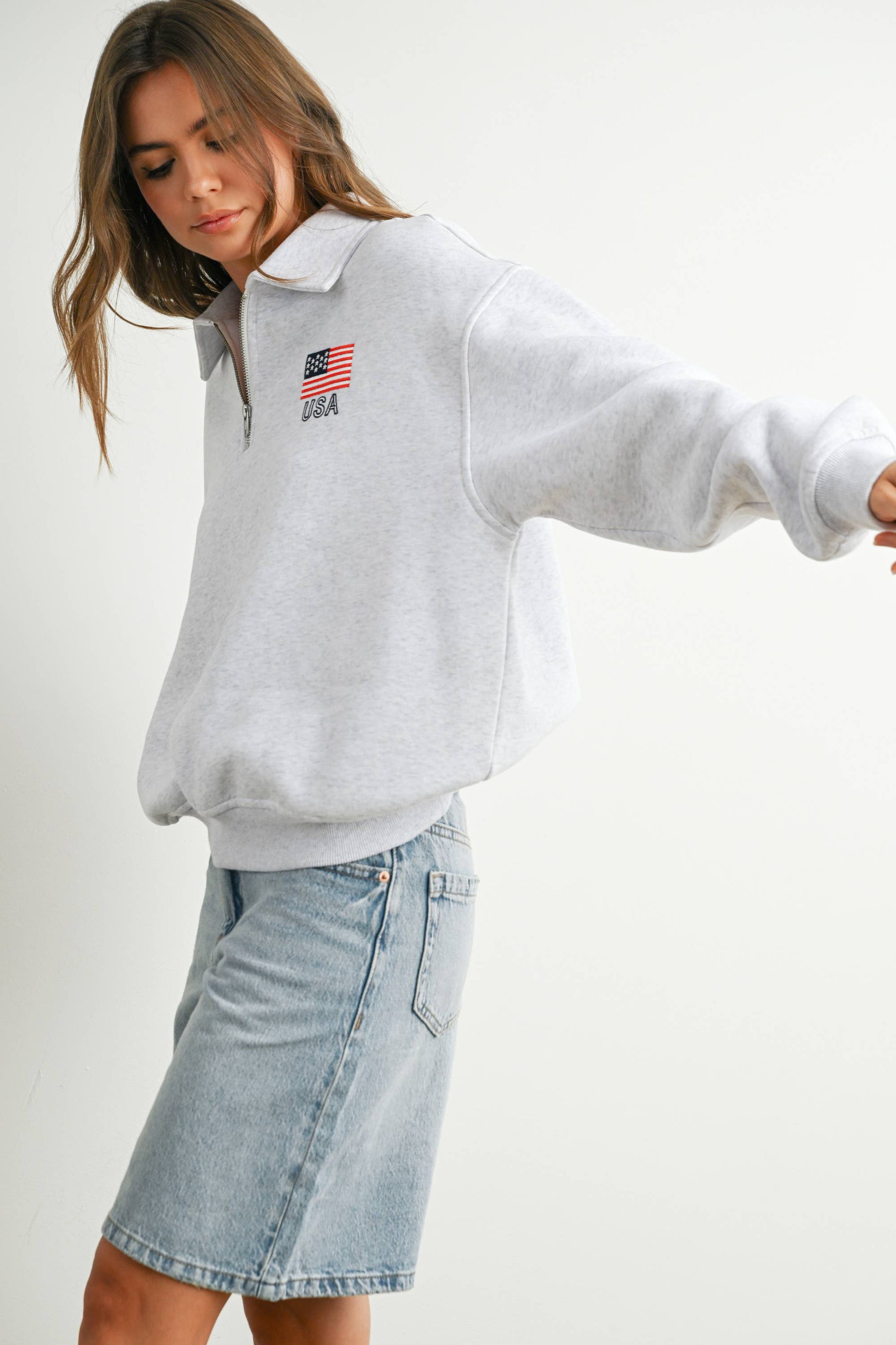 Loose Collared American Flag Icon Quarter-Zip Top