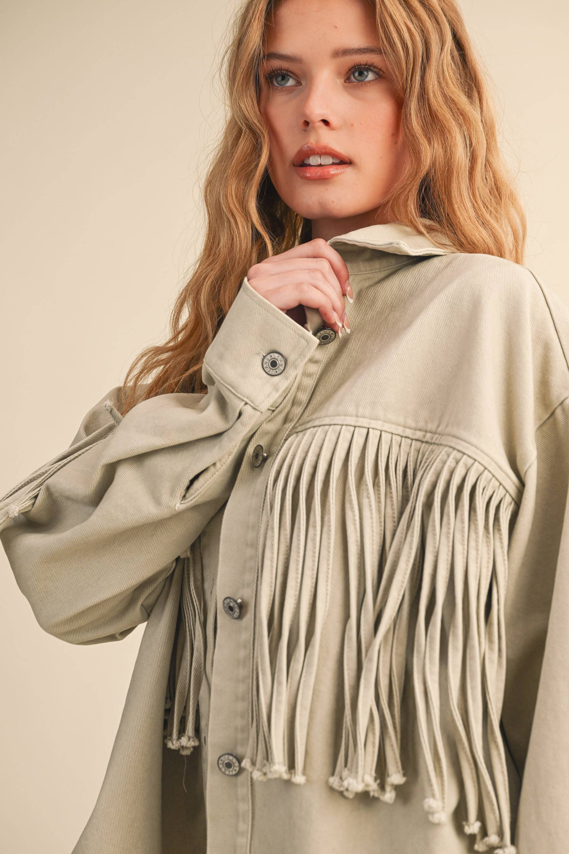 FRINGE DENIM BUTTON DOWN JACKET