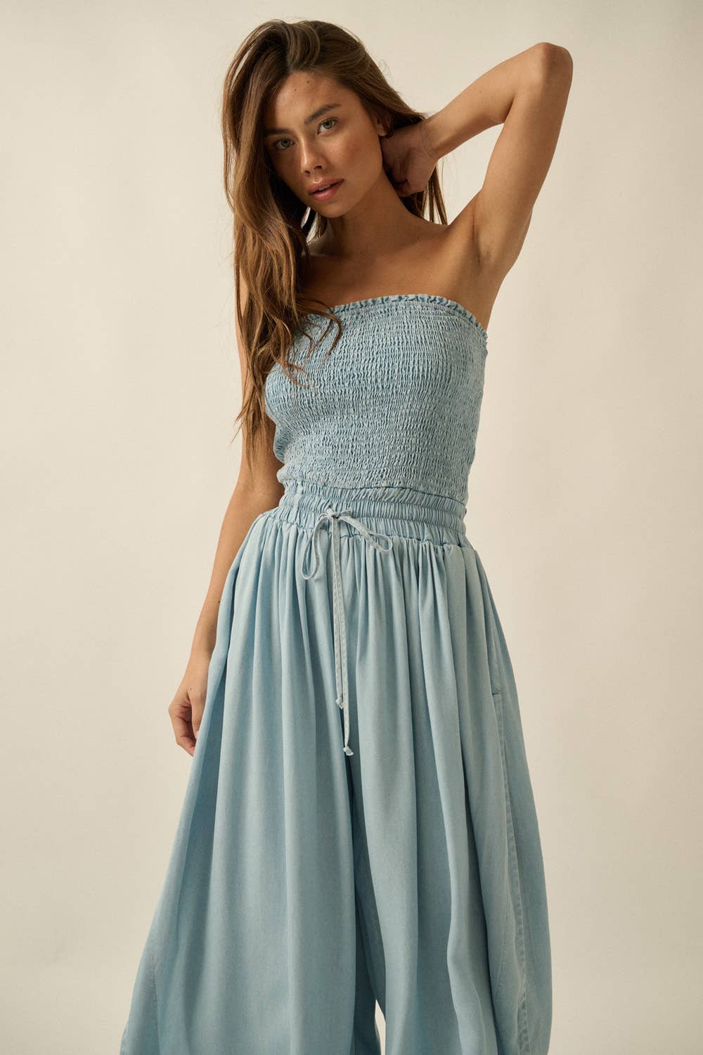 Tencel Denim Smocked Strapless Tulip-Leg Pocket Jumpsuit