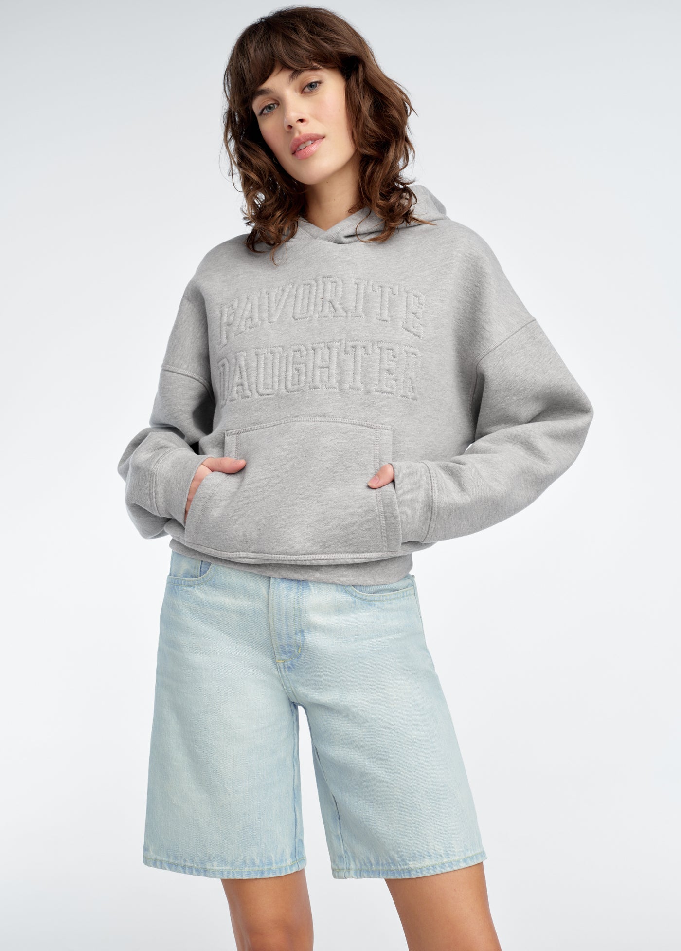 Favorite Daughter The Collegiate Embossed Hoodie - Heather Gray Oversized Sweatshirt