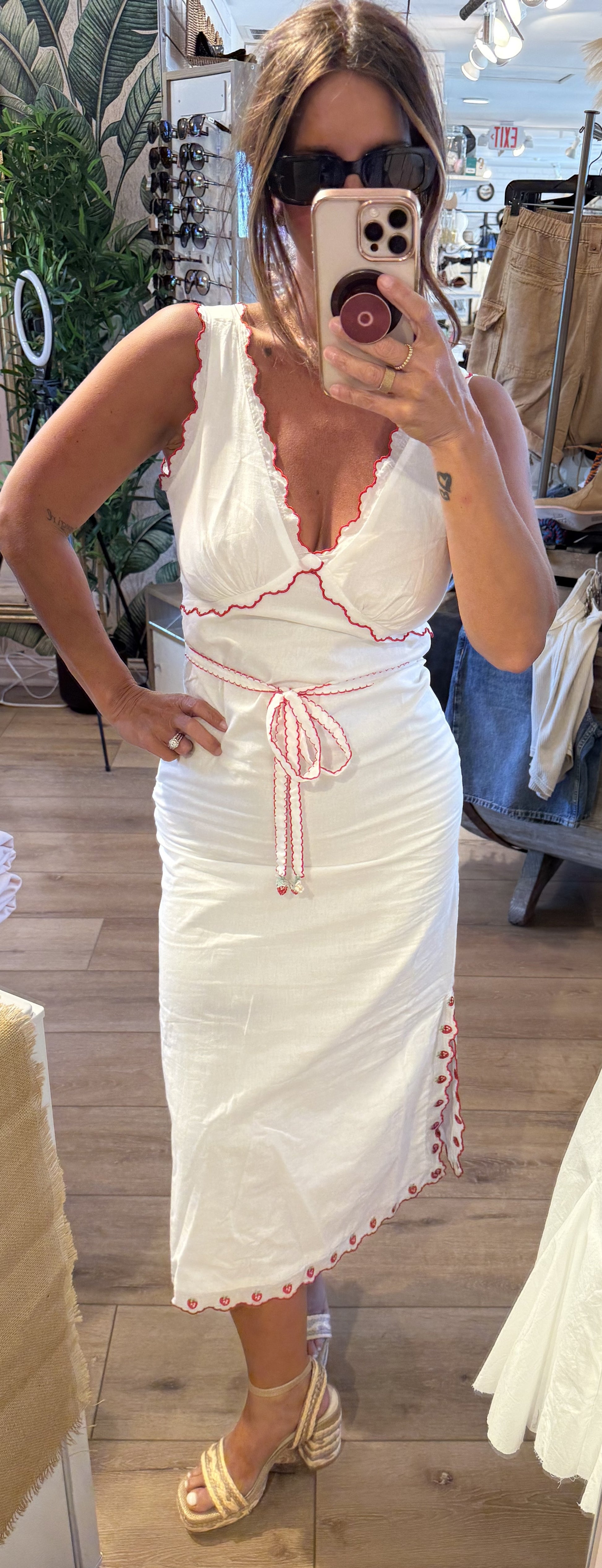 EMBROIDERED TRIM SIDE SLIT MIDI DRESS